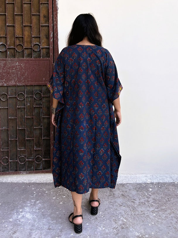 Indigo Ajrakh Hand Embroidered Patch Kaftan