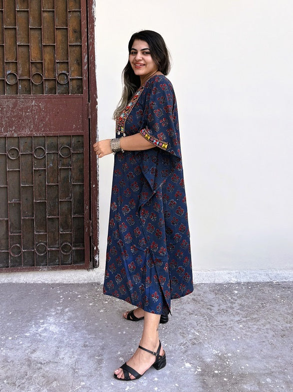 Indigo Ajrakh Hand Embroidered Patch Kaftan