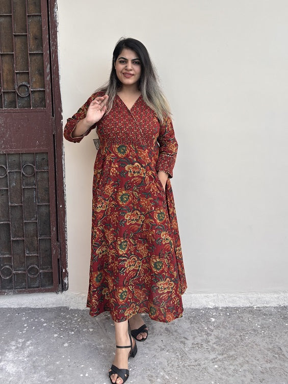 Tulip Hand Block Printed A Line Maxi Patch Dress with Gota Detailing