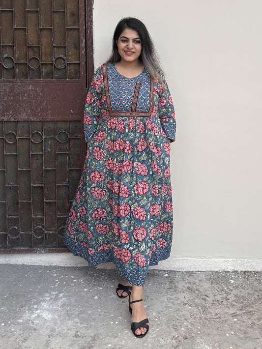 Dahlia Hand Block Printed Patch Flared Maxi Dress