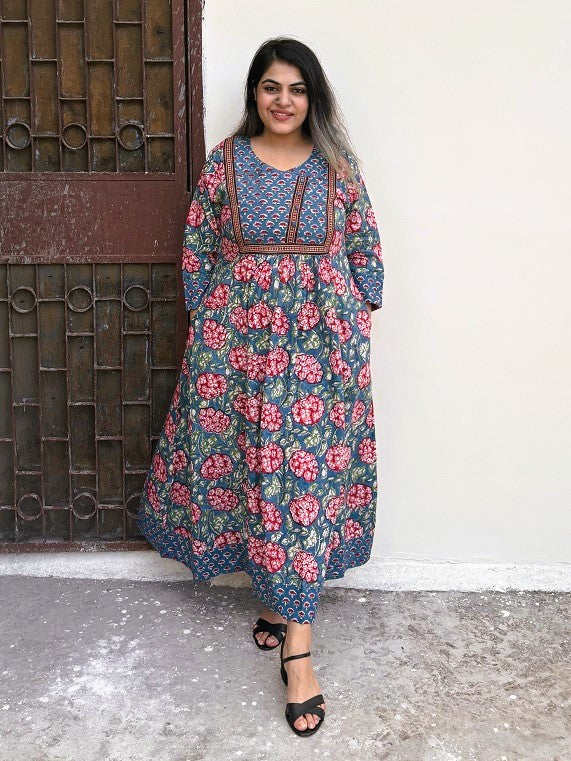 Dahlia Hand Block Printed Patch Flared Maxi Dress