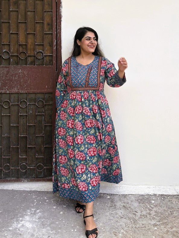 Dahlia Hand Block Printed Patch Flared Maxi Dress