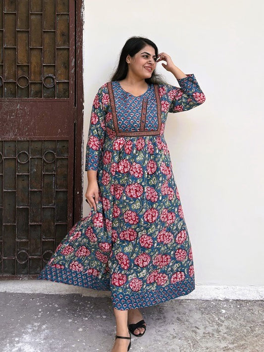 Dahlia Hand Block Printed Patch Flared Maxi Dress