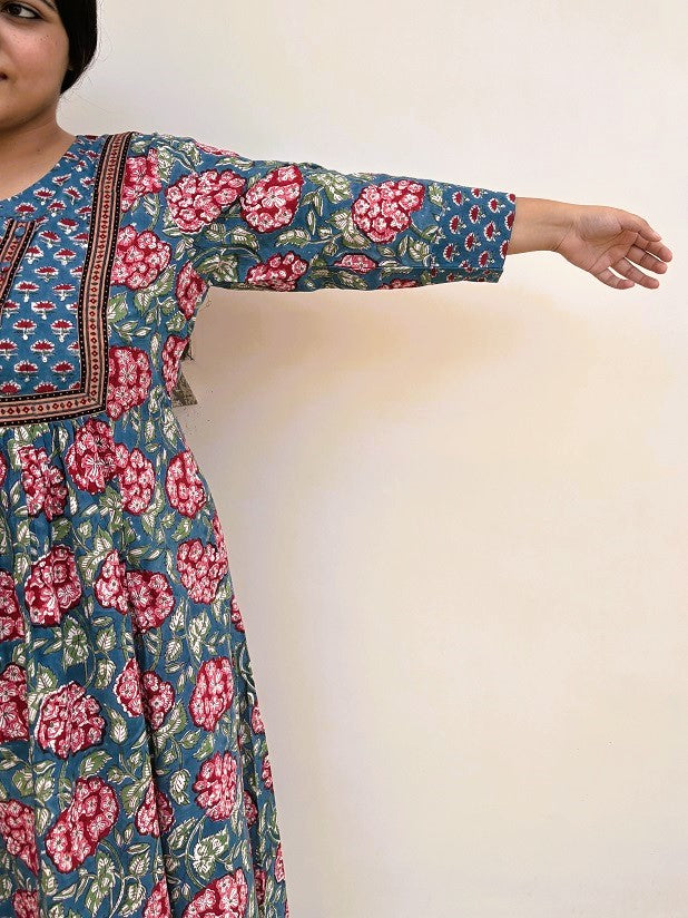 Dahlia Hand Block Printed Patch Flared Maxi Dress