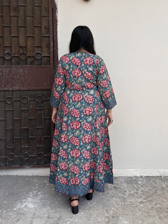 Dahlia Hand Block Printed Patch Flared Maxi Dress