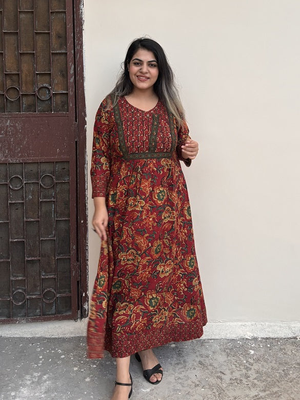 Tulip Hand Block Printed Patch Flared Maxi Dress