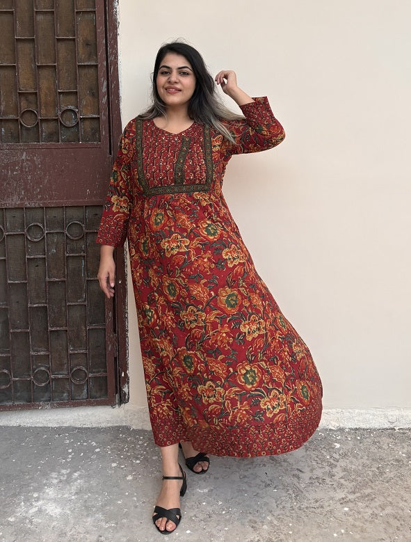 Tulip Hand Block Printed Patch Flared Maxi Dress