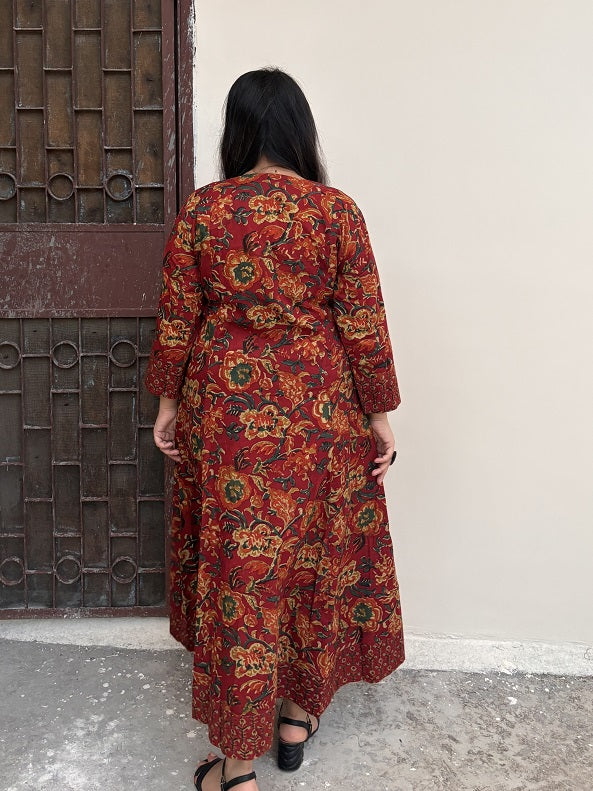 Tulip Hand Block Printed Patch Flared Maxi Dress