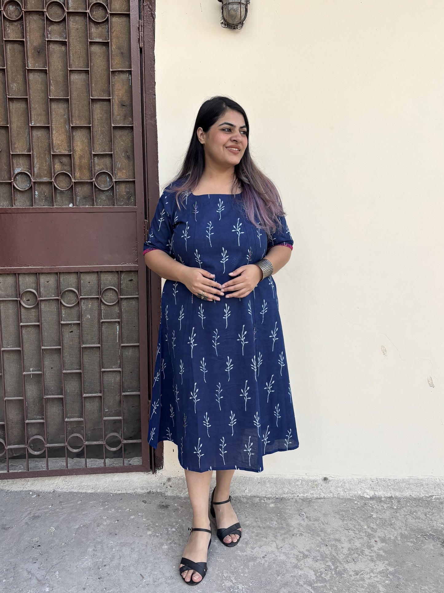 Nira Hand Block Printed Straight Midi Dress with Hand Embroidery