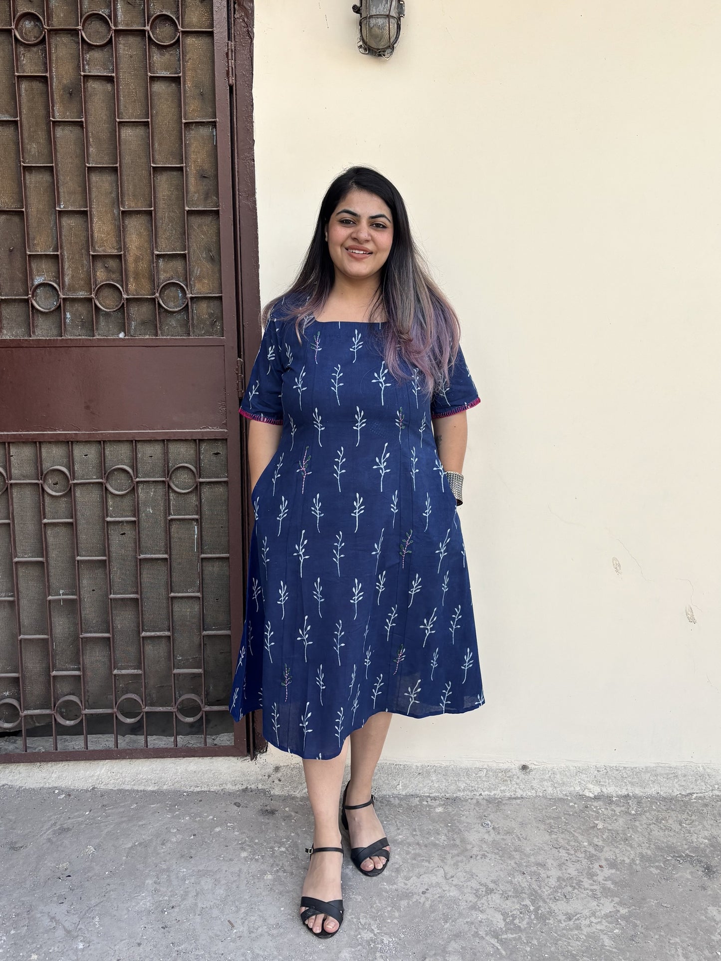 Nira Hand Block Printed Straight Midi Dress with Hand Embroidery