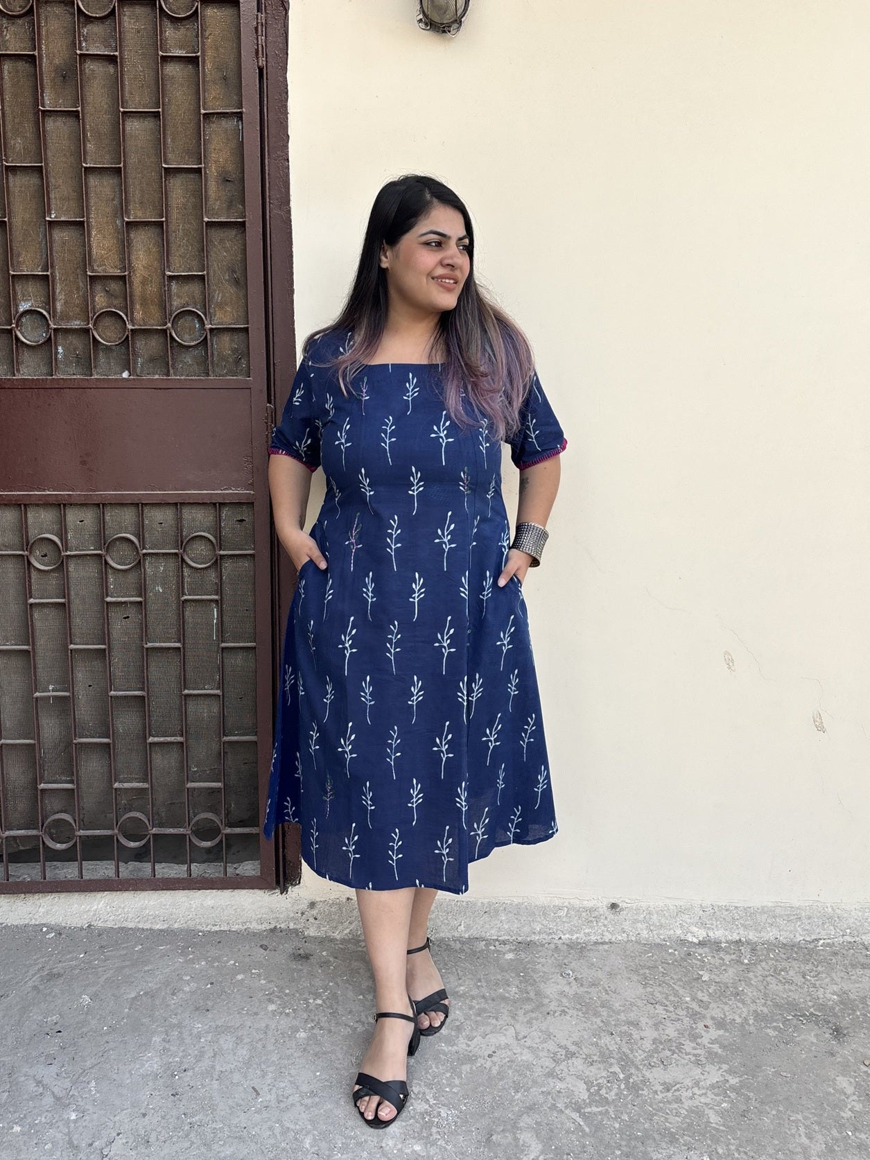 Nira Hand Block Printed Straight Midi Dress with Hand Embroidery