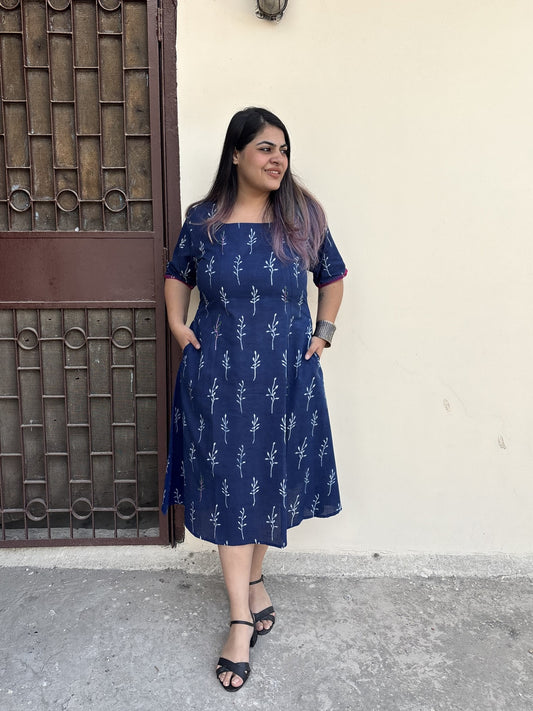 Nira Hand Block Printed Straight Midi Dress with Hand Embroidery