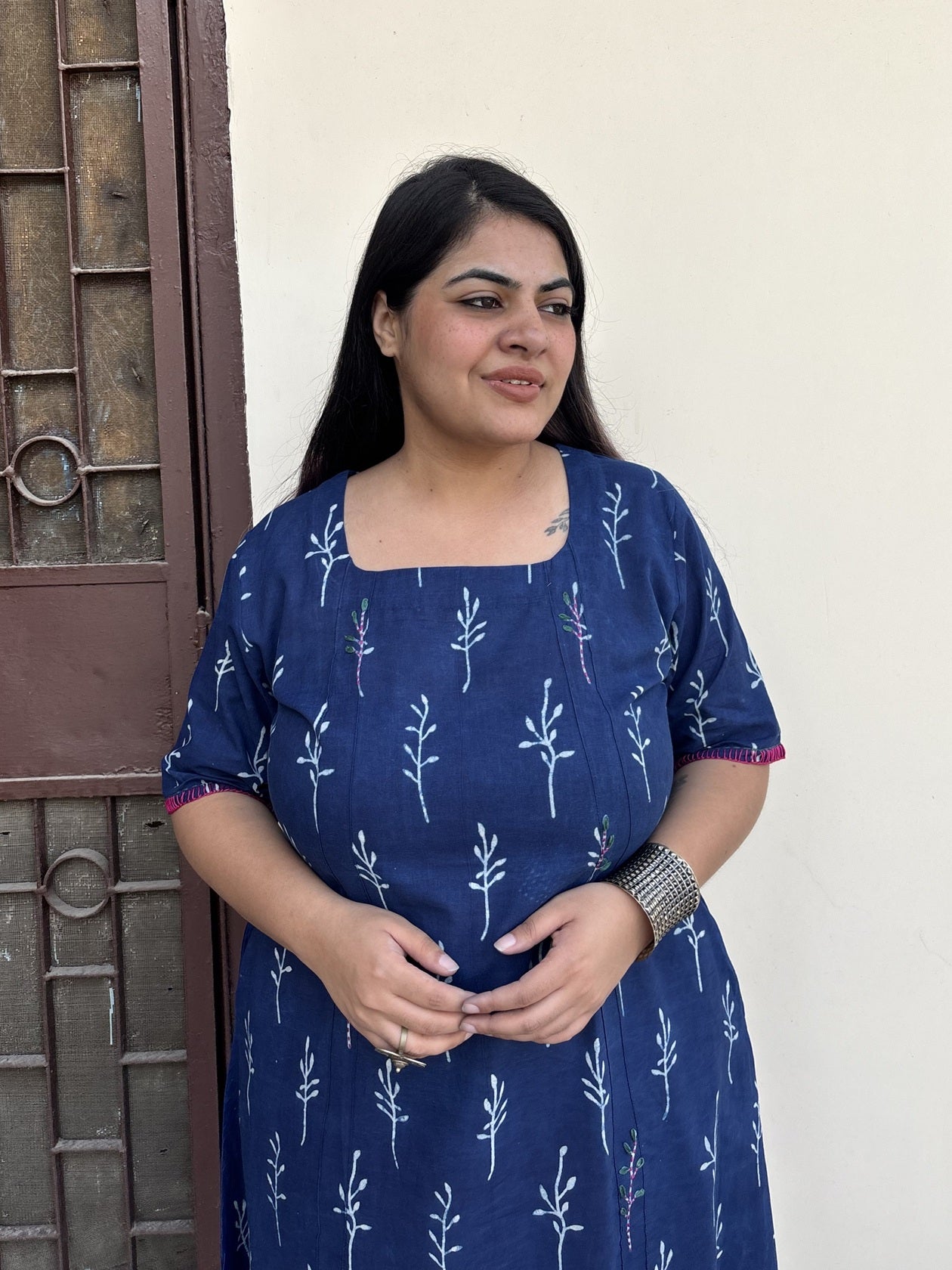 Nira Hand Block Printed Straight Midi Dress with Hand Embroidery