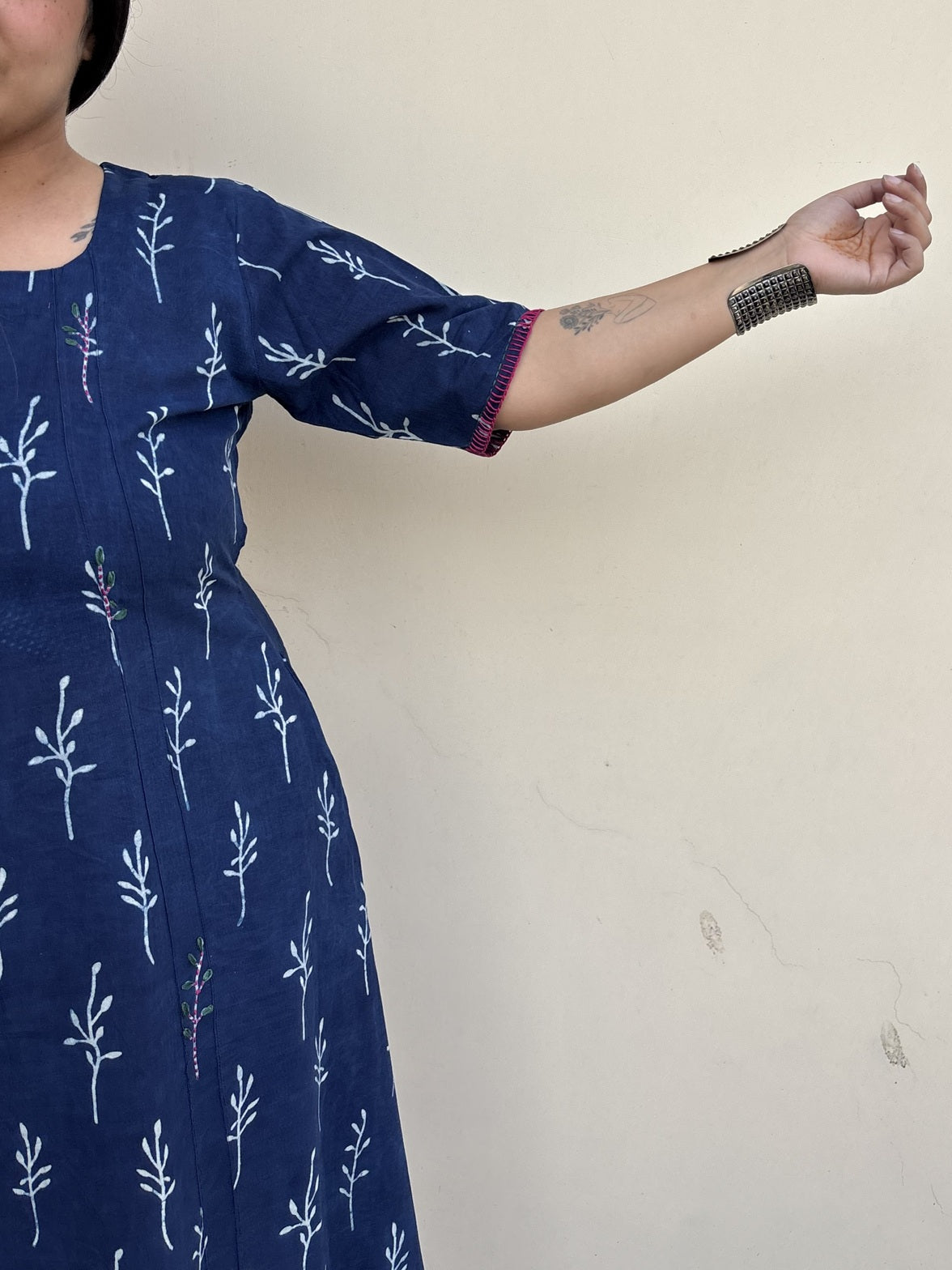 Nira Hand Block Printed Straight Midi Dress with Hand Embroidery
