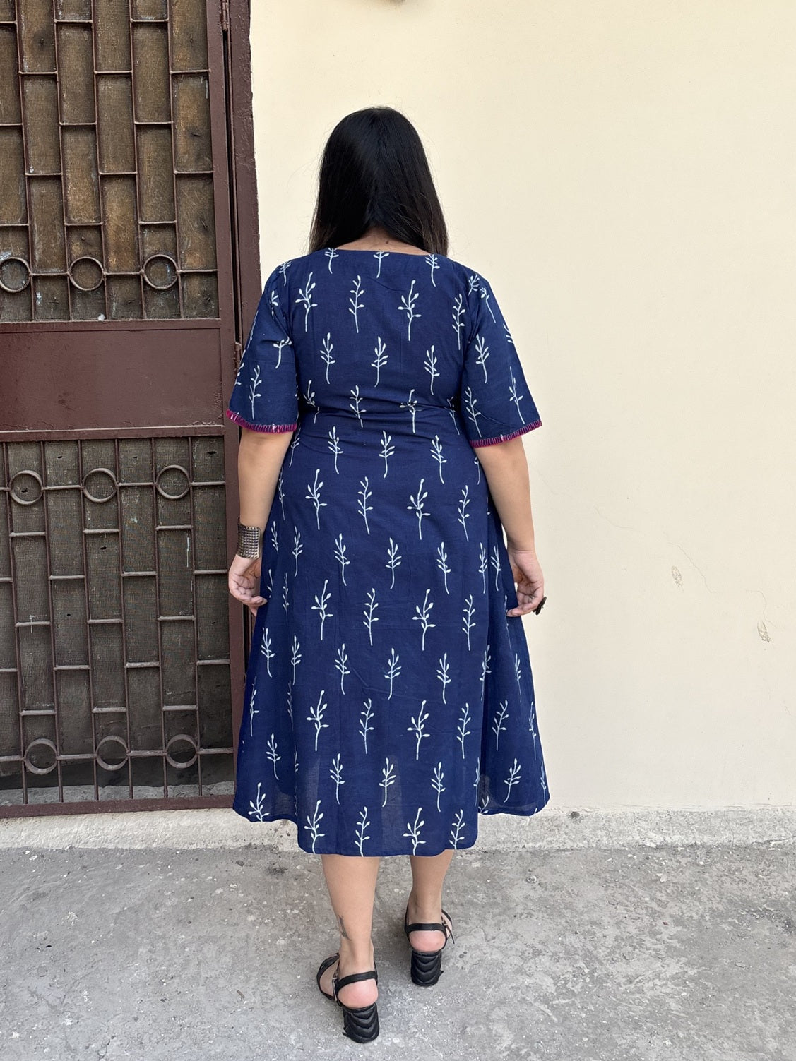 Nira Hand Block Printed Straight Midi Dress with Hand Embroidery