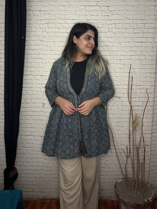 Indigo Green Ajrakh Hand Block Printed Shrug with Gathers