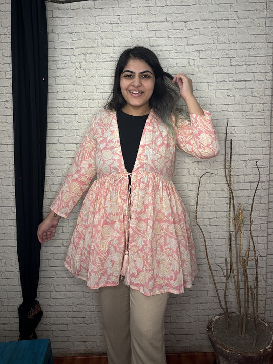 Pink White Floral Hand Block Printed Shrug with Gathers