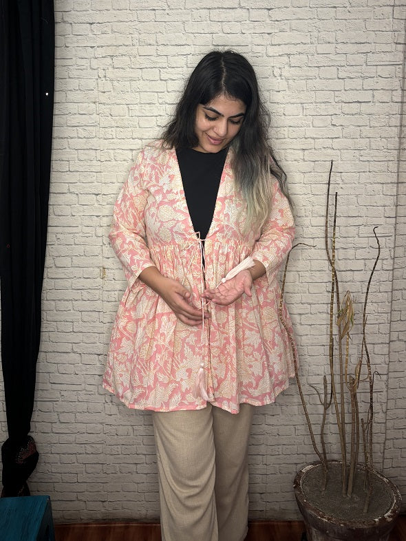 Pink White Floral Hand Block Printed Shrug with Gathers