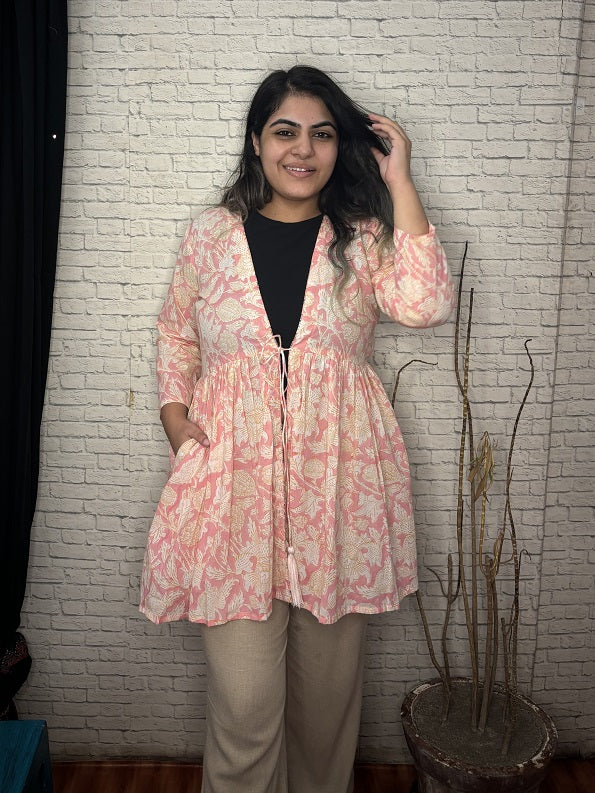 Pink White Floral Hand Block Printed Shrug with Gathers