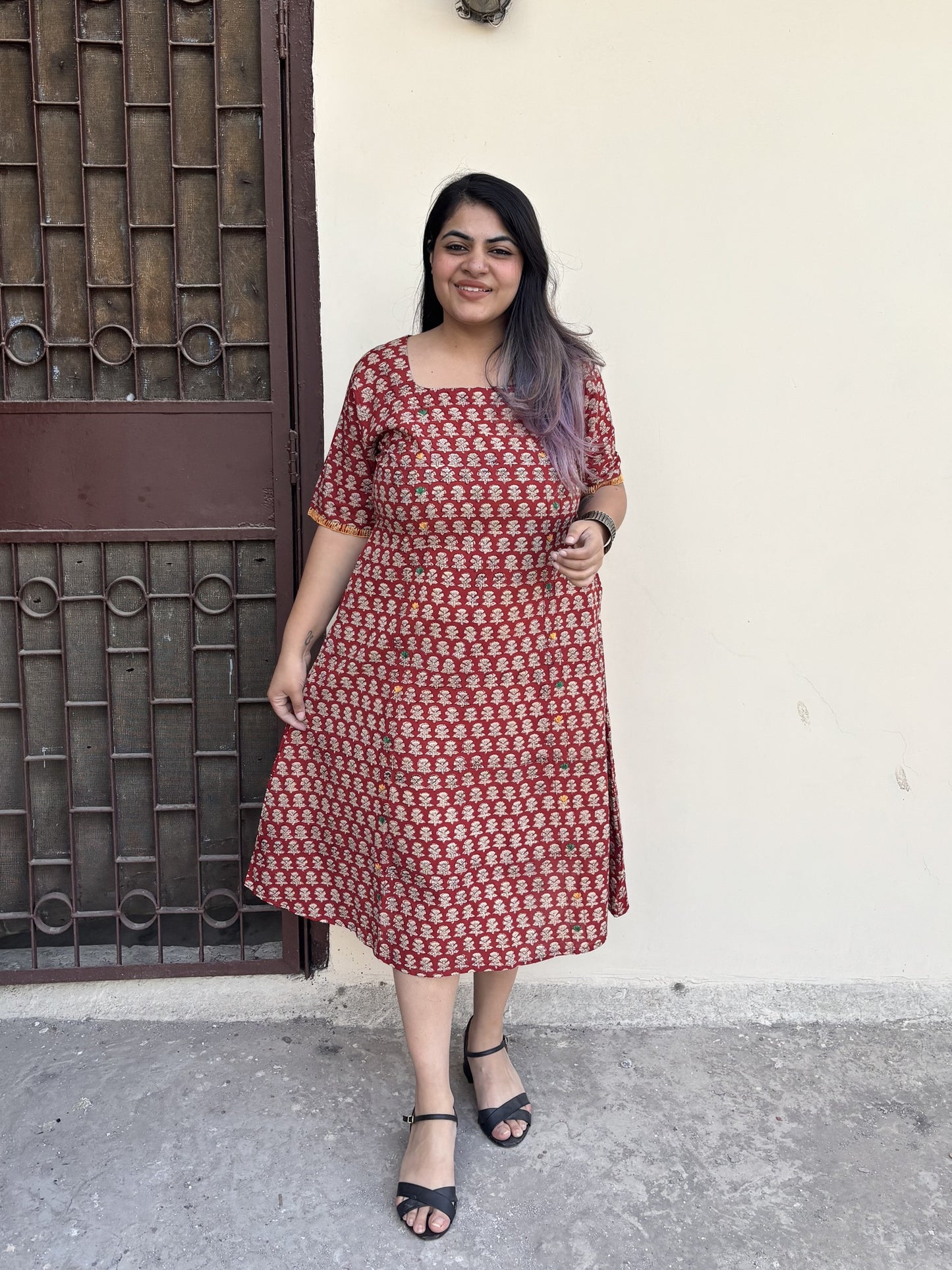 Riva Hand Block Printed Straight Midi Dress with Hand Embroidery