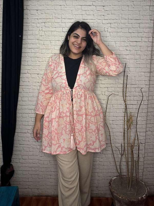 Pink White Floral Hand Block Printed Shrug with Gathers