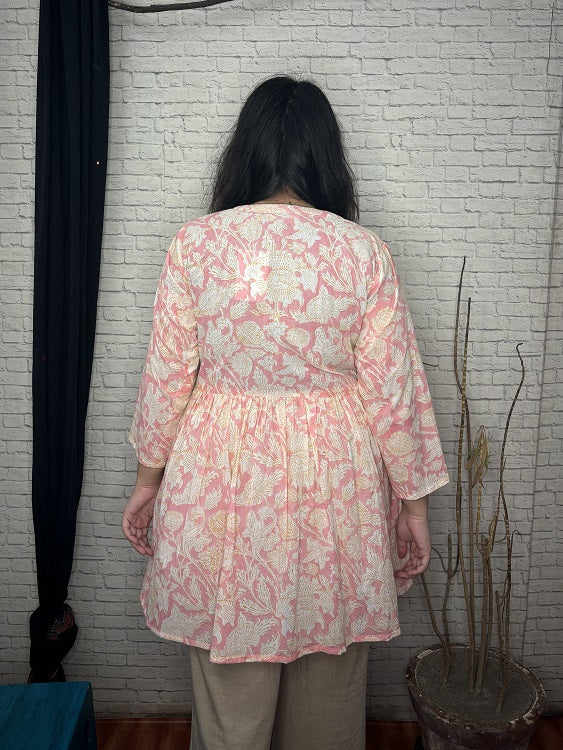 Pink White Floral Hand Block Printed Shrug with Gathers