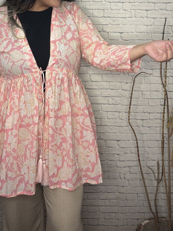 Pink White Floral Hand Block Printed Shrug with Gathers