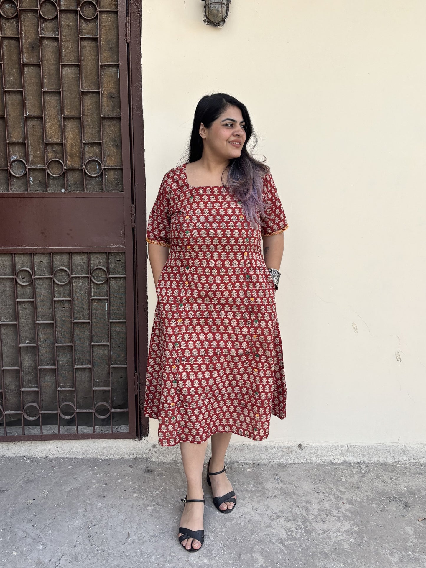 Riva Hand Block Printed Straight Midi Dress with Hand Embroidery