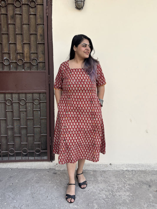 Riva Hand Block Printed Straight Midi Dress with Hand Embroidery