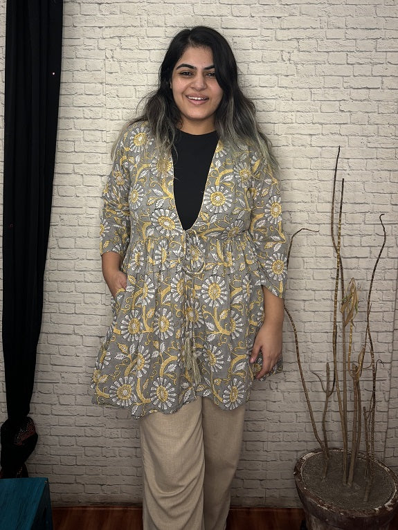 Grey Yellow Floral Hand Block Printed Shrug with Gathers