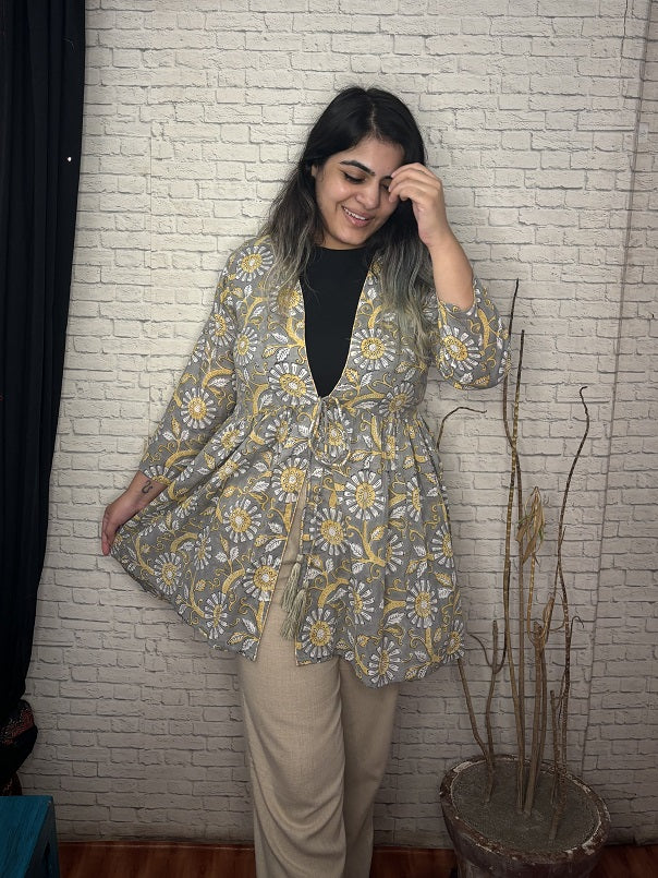 Grey Yellow Floral Hand Block Printed Shrug with Gathers