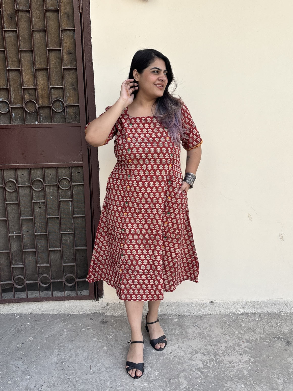 Riva Hand Block Printed Straight Midi Dress with Hand Embroidery