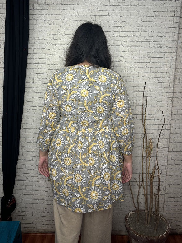 Grey Yellow Floral Hand Block Printed Shrug with Gathers