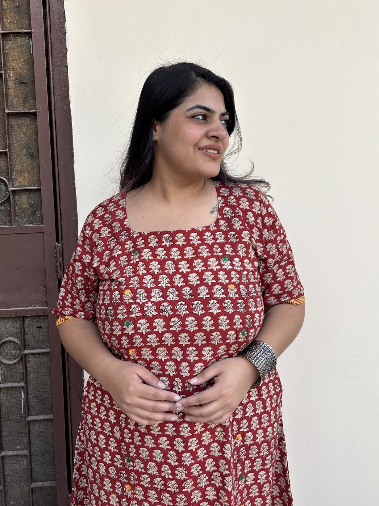 Riva Hand Block Printed Straight Midi Dress with Hand Embroidery