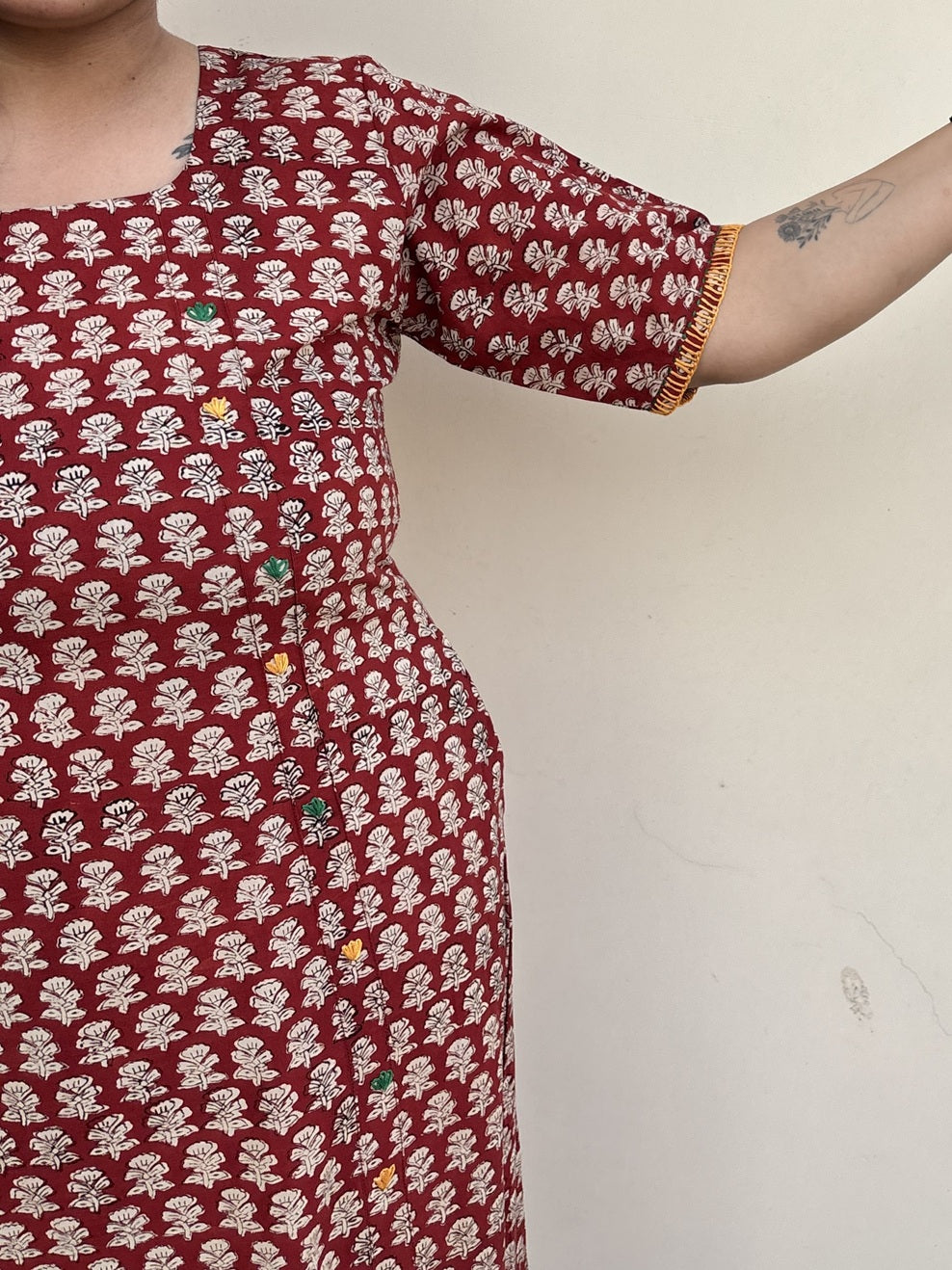 Riva Hand Block Printed Straight Midi Dress with Hand Embroidery