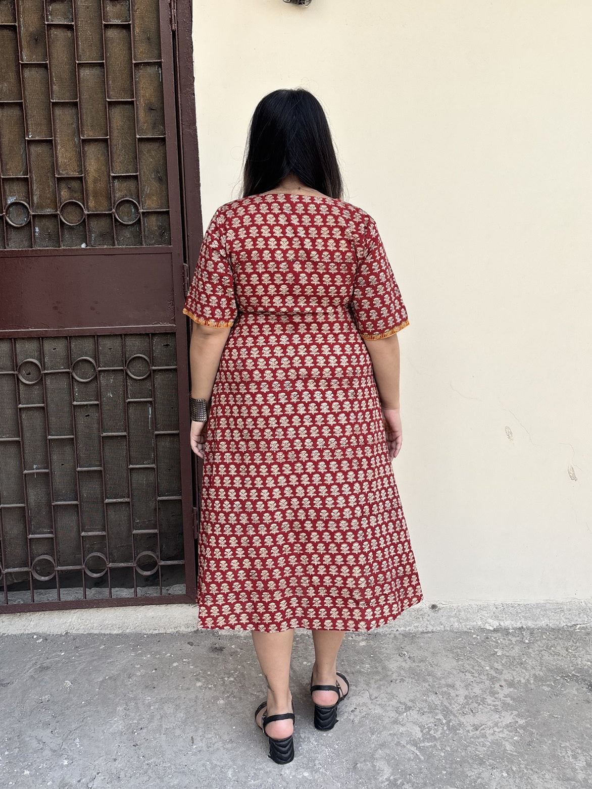 Riva Hand Block Printed Straight Midi Dress with Hand Embroidery