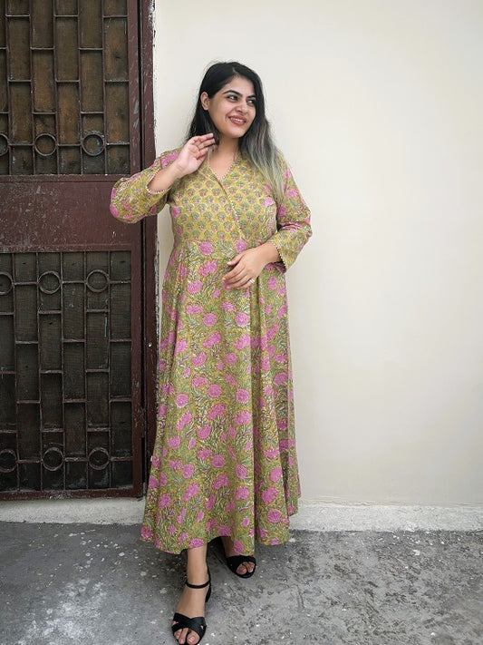 Green Pink Hand Block Printed A Line Maxi Patch Dress with Gota Detailing