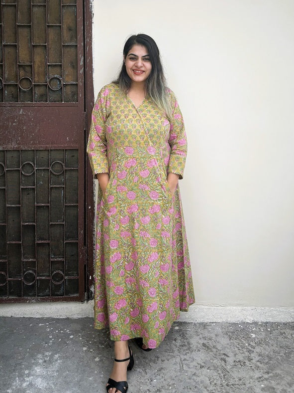 Green Pink Hand Block Printed A Line Maxi Patch Dress with Gota Detailing