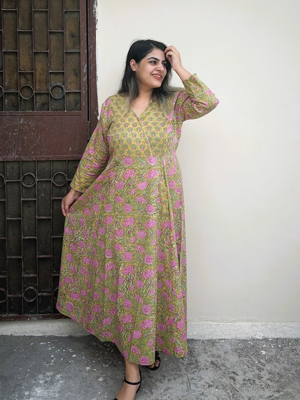 Green Pink Hand Block Printed A Line Maxi Patch Dress with Gota Detailing