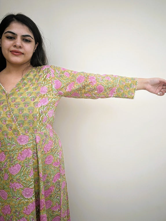 Green Pink Hand Block Printed A Line Maxi Patch Dress with Gota Detailing