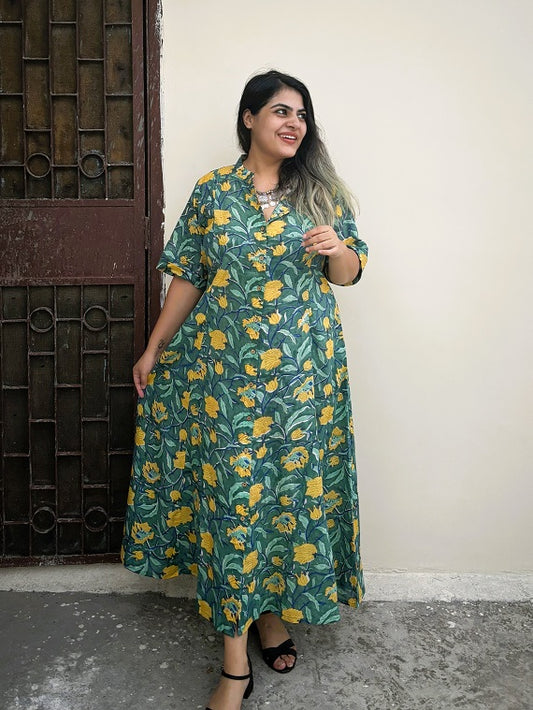 Safari Hand Block Printed A Line Maxi Shirt Dress