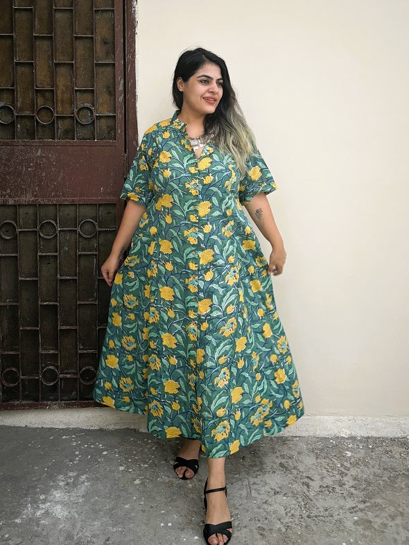 Safari Hand Block Printed A Line Maxi Shirt Dress