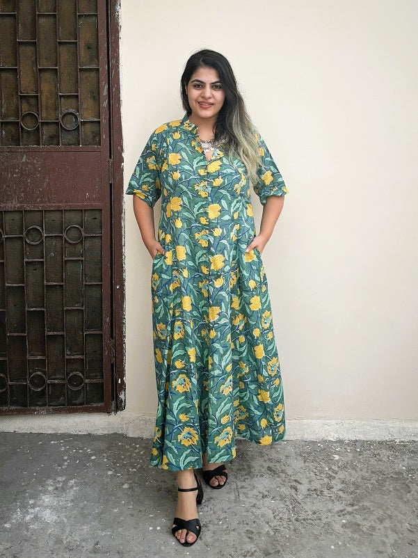 Safari Hand Block Printed A Line Maxi Shirt Dress