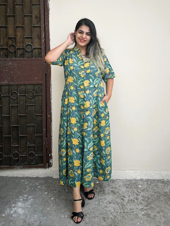 Safari Hand Block Printed A Line Maxi Shirt Dress