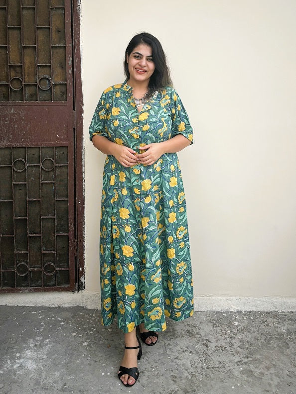 Safari Hand Block Printed A Line Maxi Shirt Dress