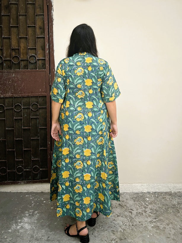 Safari Hand Block Printed A Line Maxi Shirt Dress