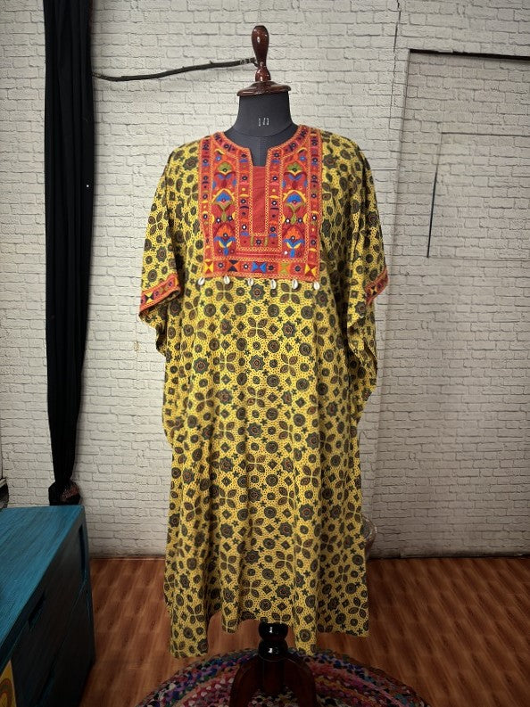 Yellow Red Ajrakh Hand Embroidered Patch Kaftan