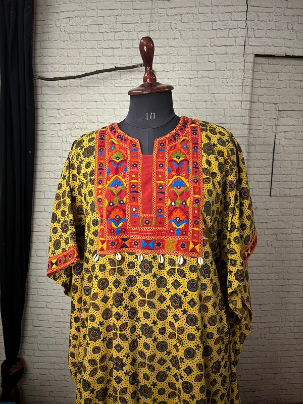 Yellow Red Ajrakh Hand Embroidered Patch Kaftan