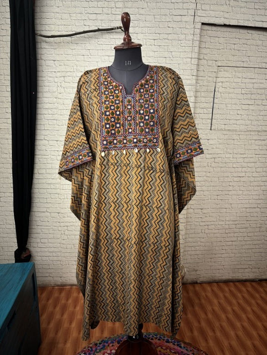 Kashish Zigzag Ajrakh Hand Embroidered Patch Kaftan