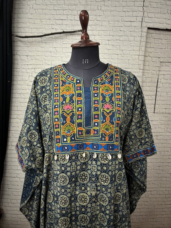 Indigo Circles Ajrakh Hand Embroidered Patch Kaftan